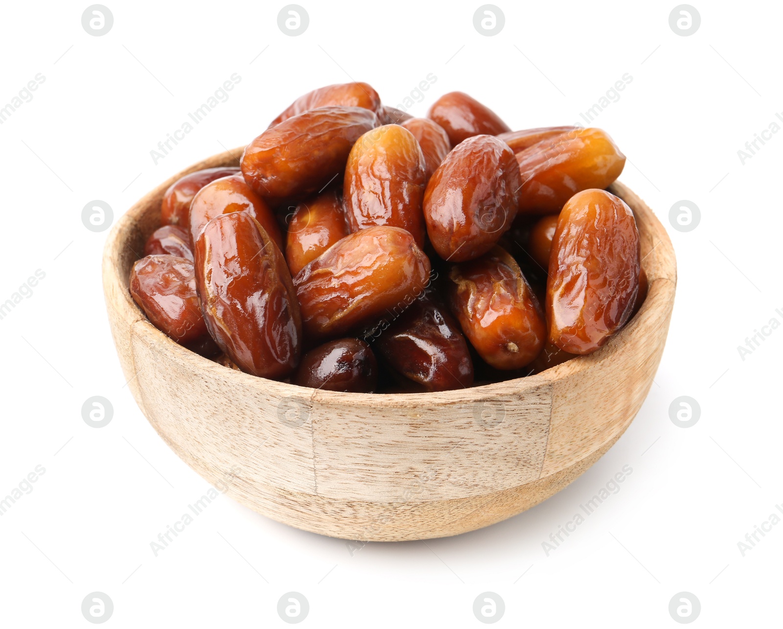 Photo of Tasty dried dates in wooden bowl isolated on white