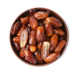 Photo of Tasty dried dates in bowl isolated on white, top view