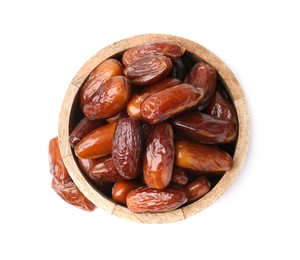 Photo of Tasty dried dates in wooden bowl isolated on white, top view