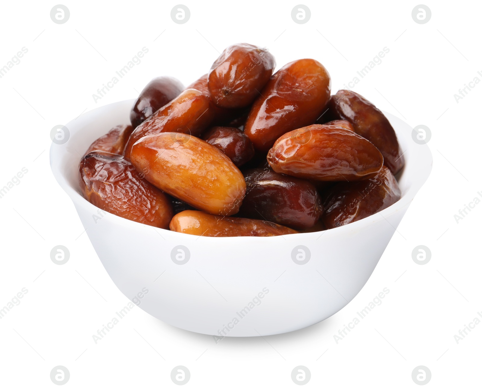 Photo of Tasty dried dates in bowl isolated on white