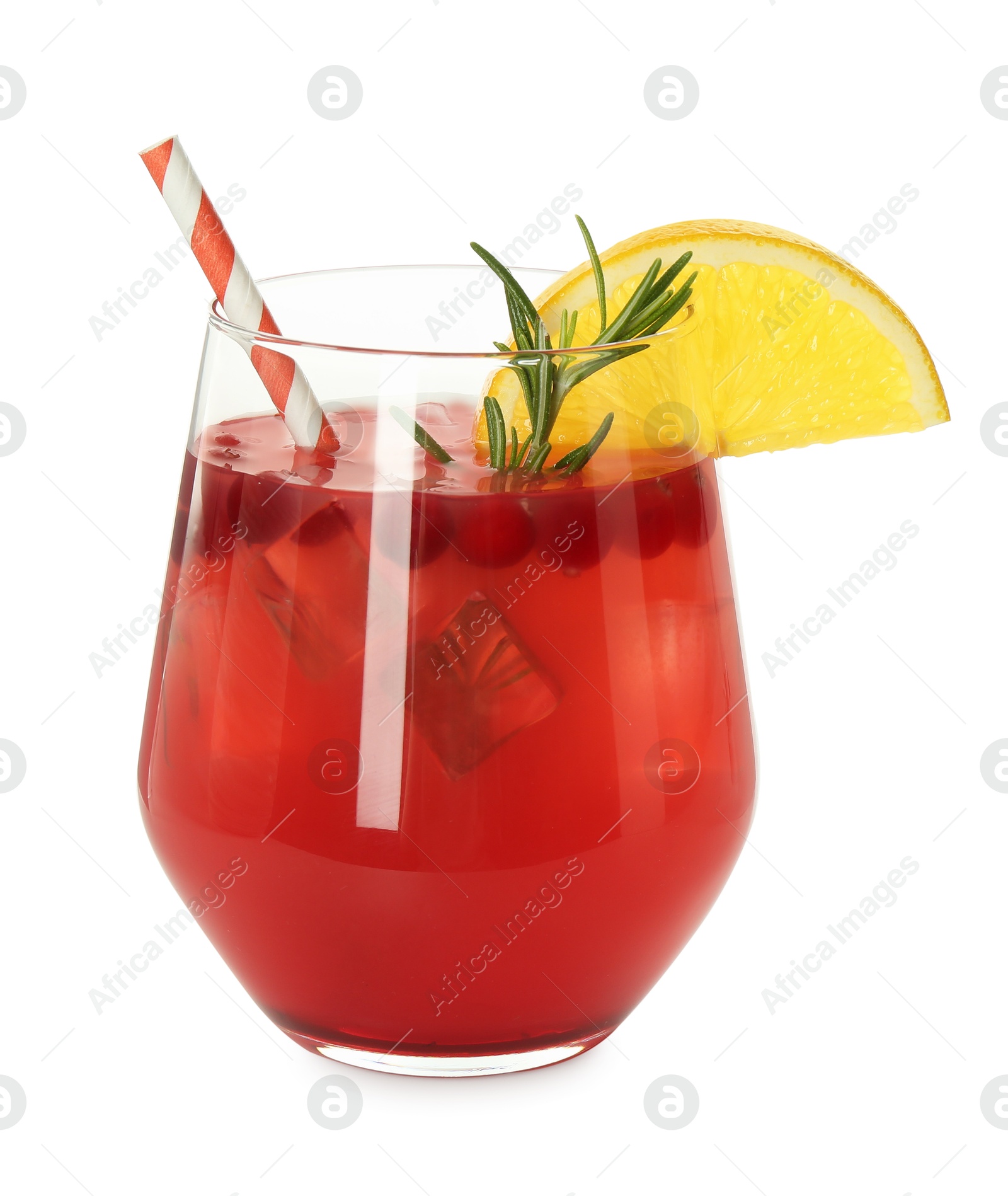 Photo of Tasty Christmas cocktail in glass isolated on white