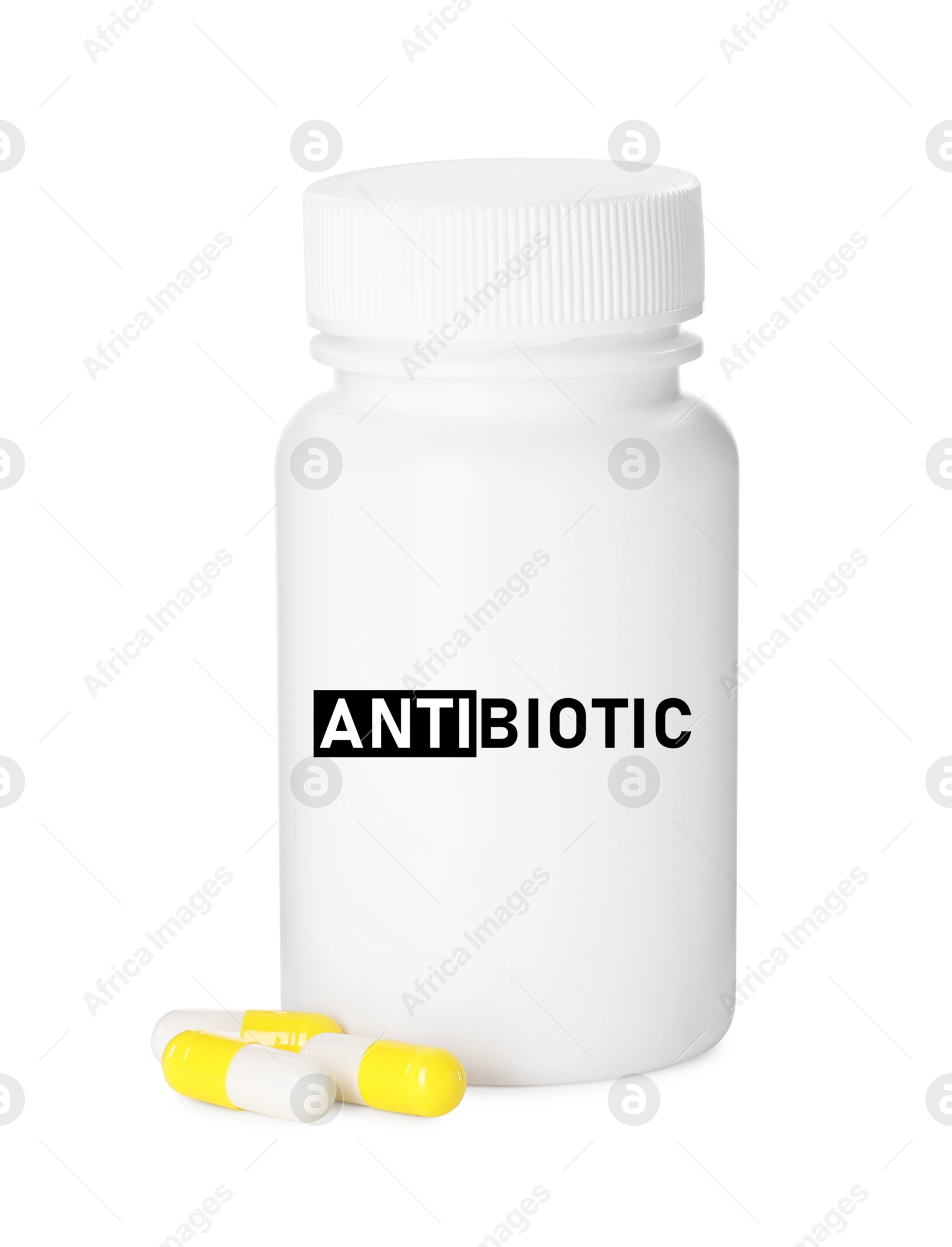 Image of Bottle of antibiotic pills on white background