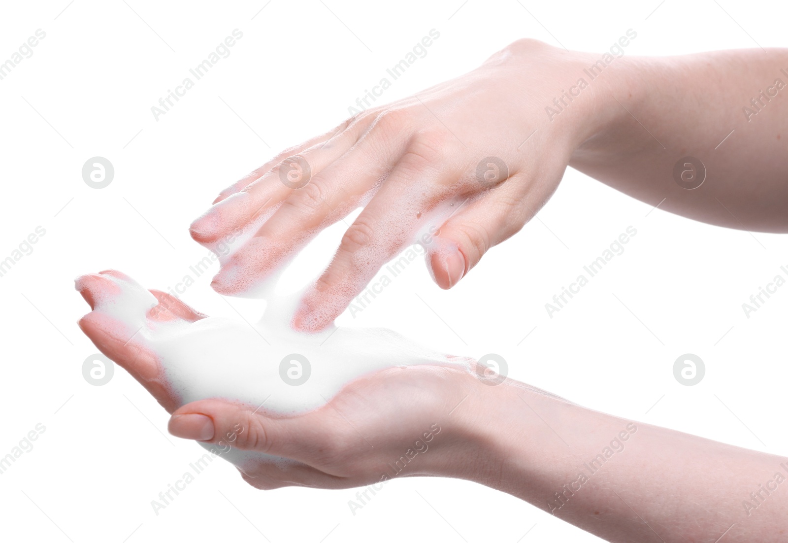 Photo of Woman with bath foam on white background, closeup