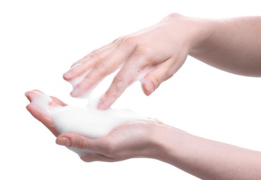 Photo of Woman with bath foam on white background, closeup