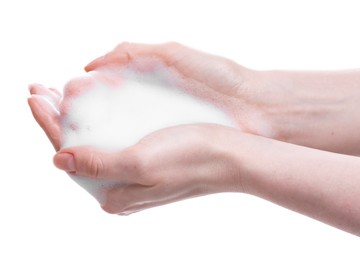 Photo of Woman with bath foam on white background, closeup