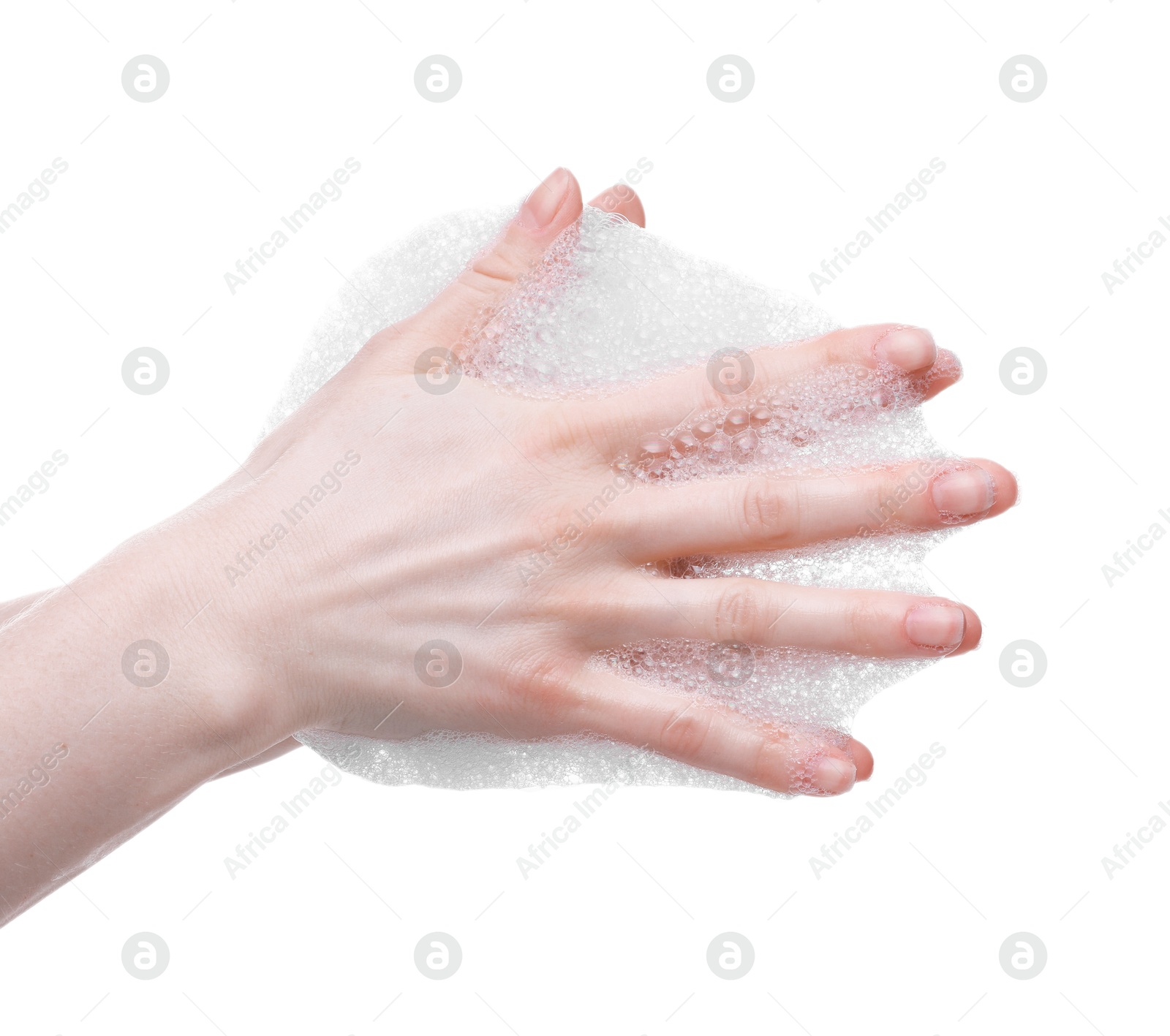 Photo of Woman with bath foam on white background, closeup