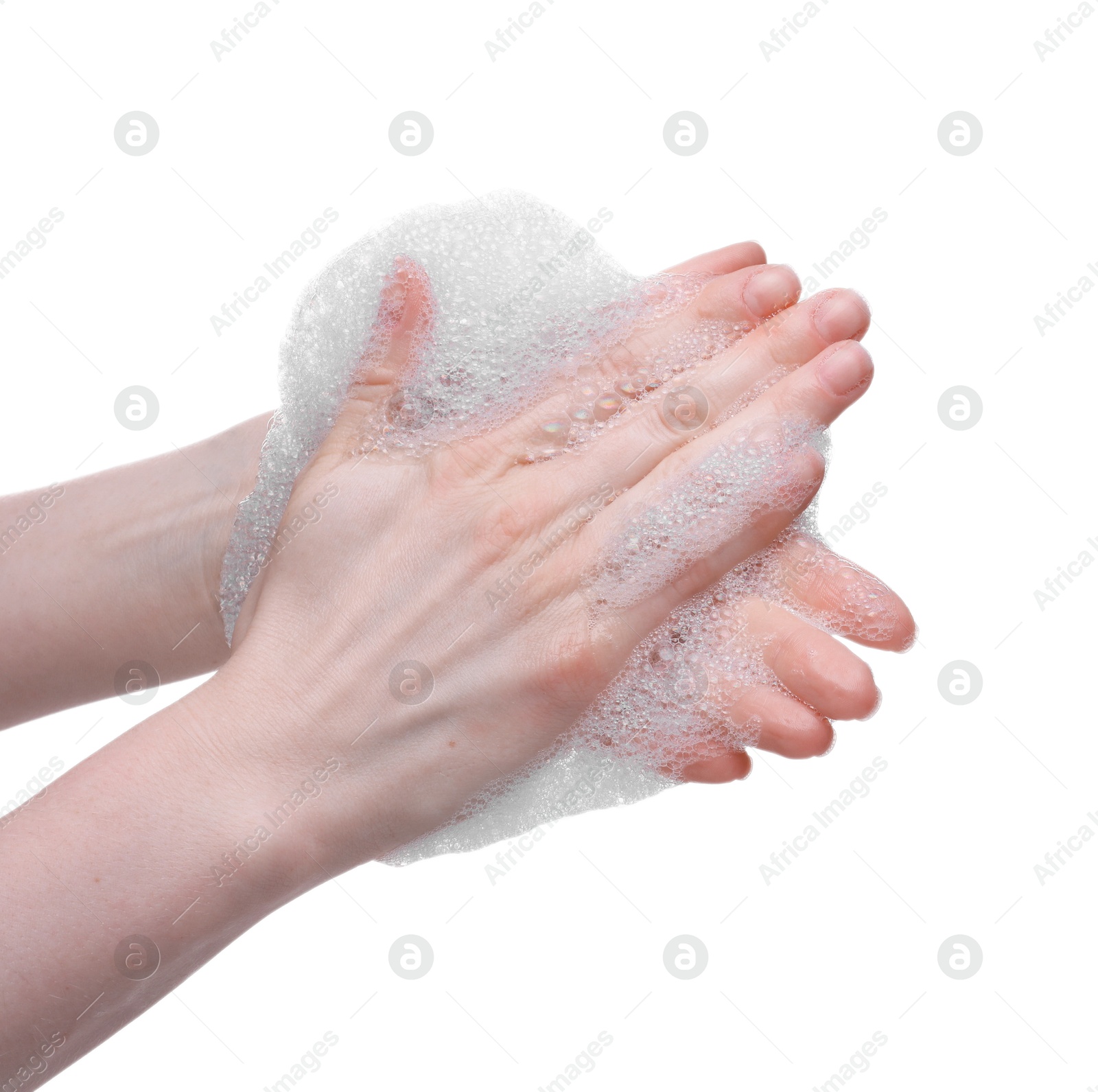 Photo of Woman with bath foam on white background, closeup