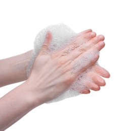 Photo of Woman with bath foam on white background, closeup