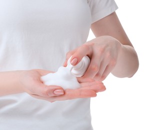 Photo of Woman with bath foam on white background, closeup