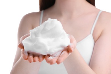 Photo of Woman with bath foam on white background, closeup