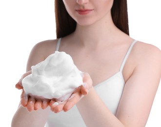 Photo of Woman with bath foam on white background, closeup