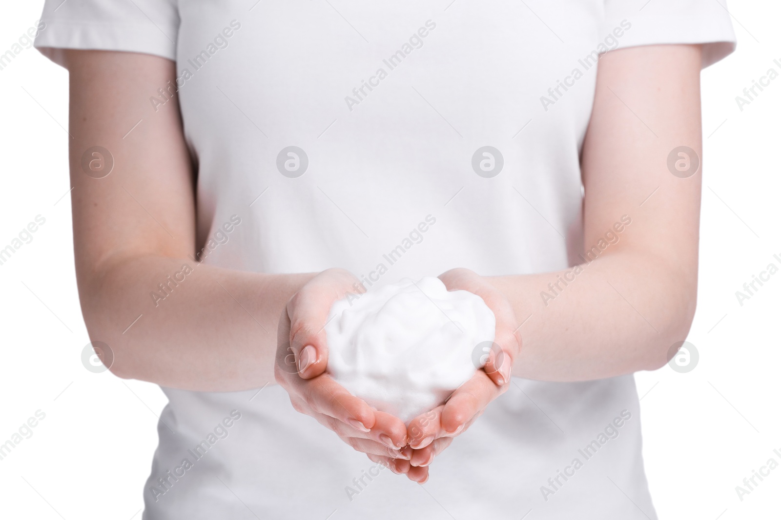 Photo of Woman with bath foam on white background, closeup