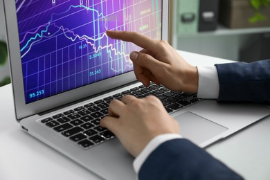 Photo of Businesswoman using laptop at white table indoors, closeup. Modern technology