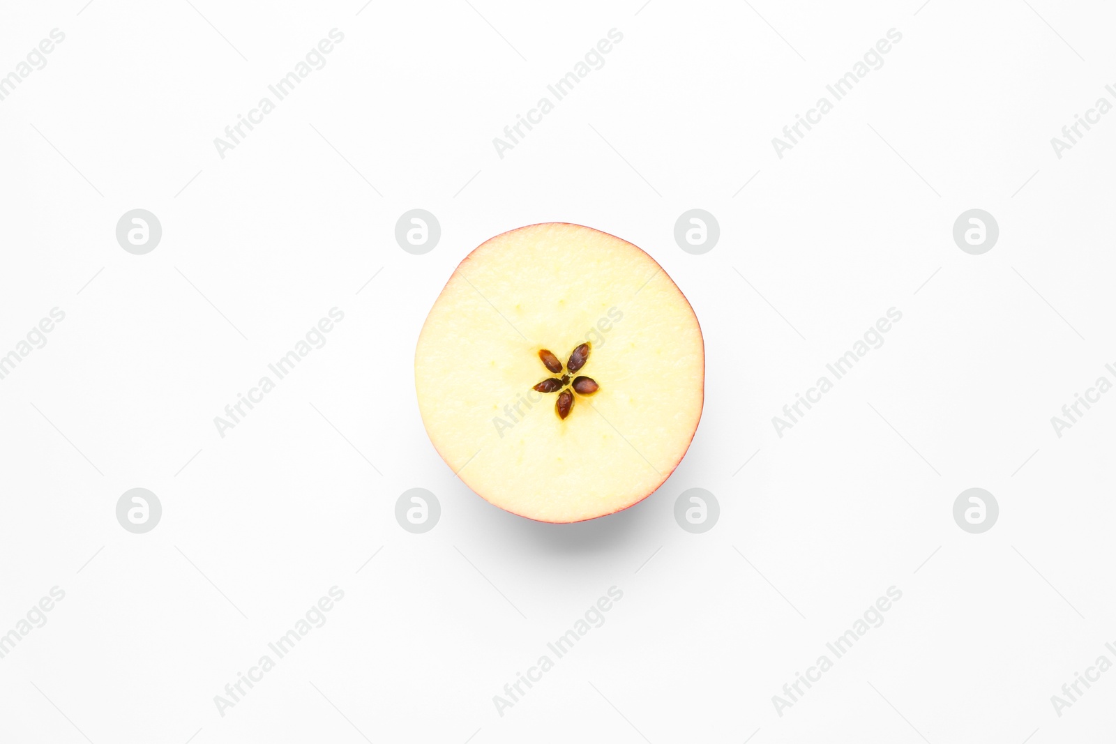 Photo of Half of fresh ripe apple on white background, top view