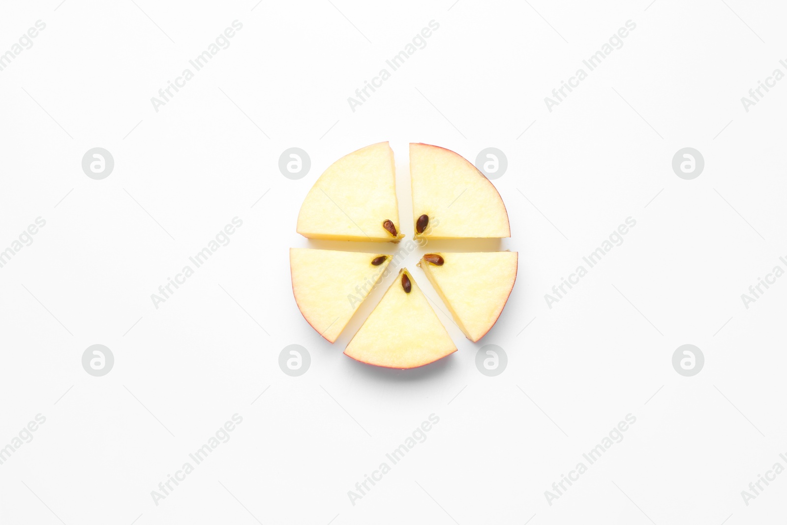 Photo of Pieces of fresh apple on white background, top view