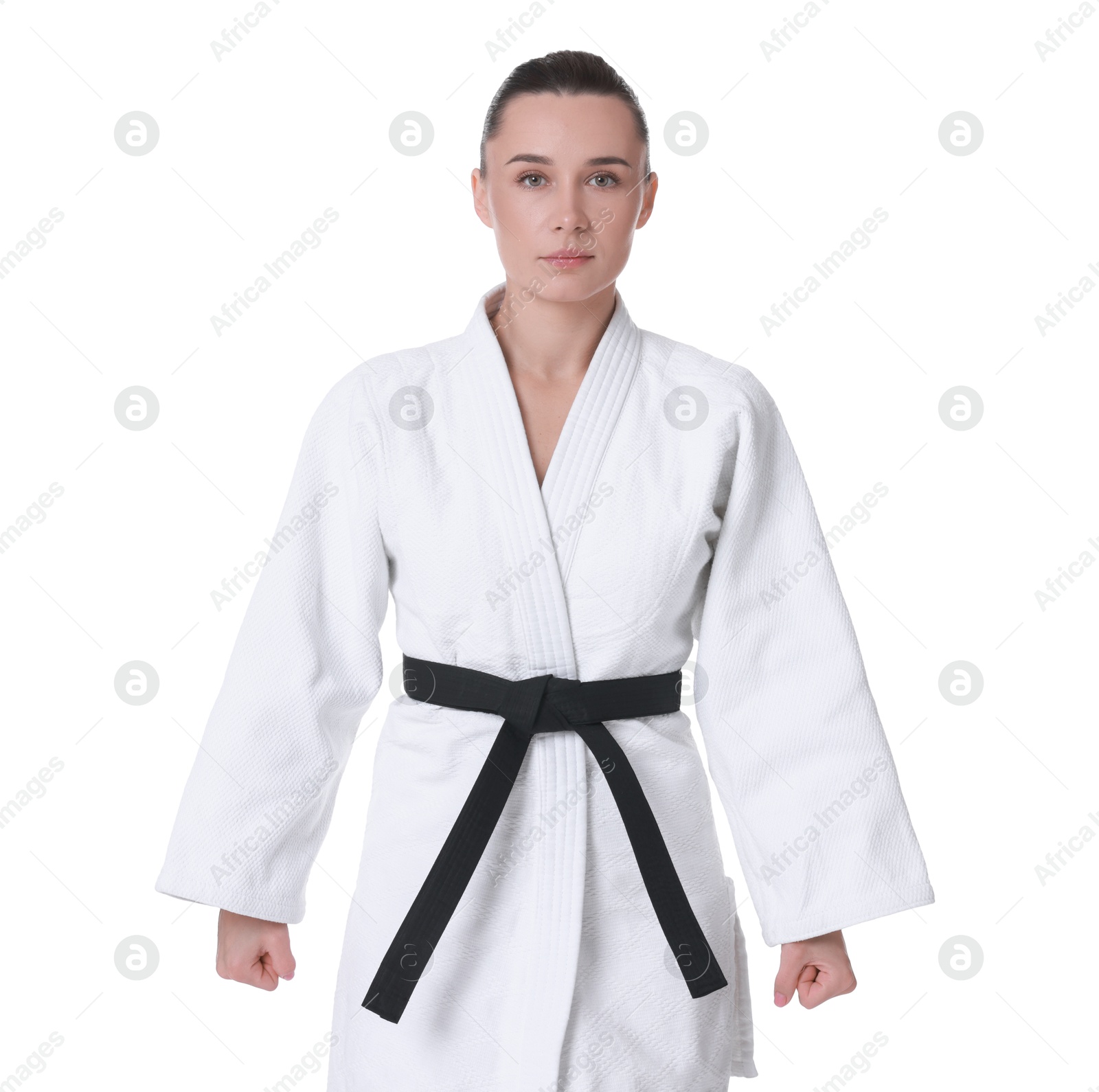 Photo of Karate fighter in kimono isolated on white