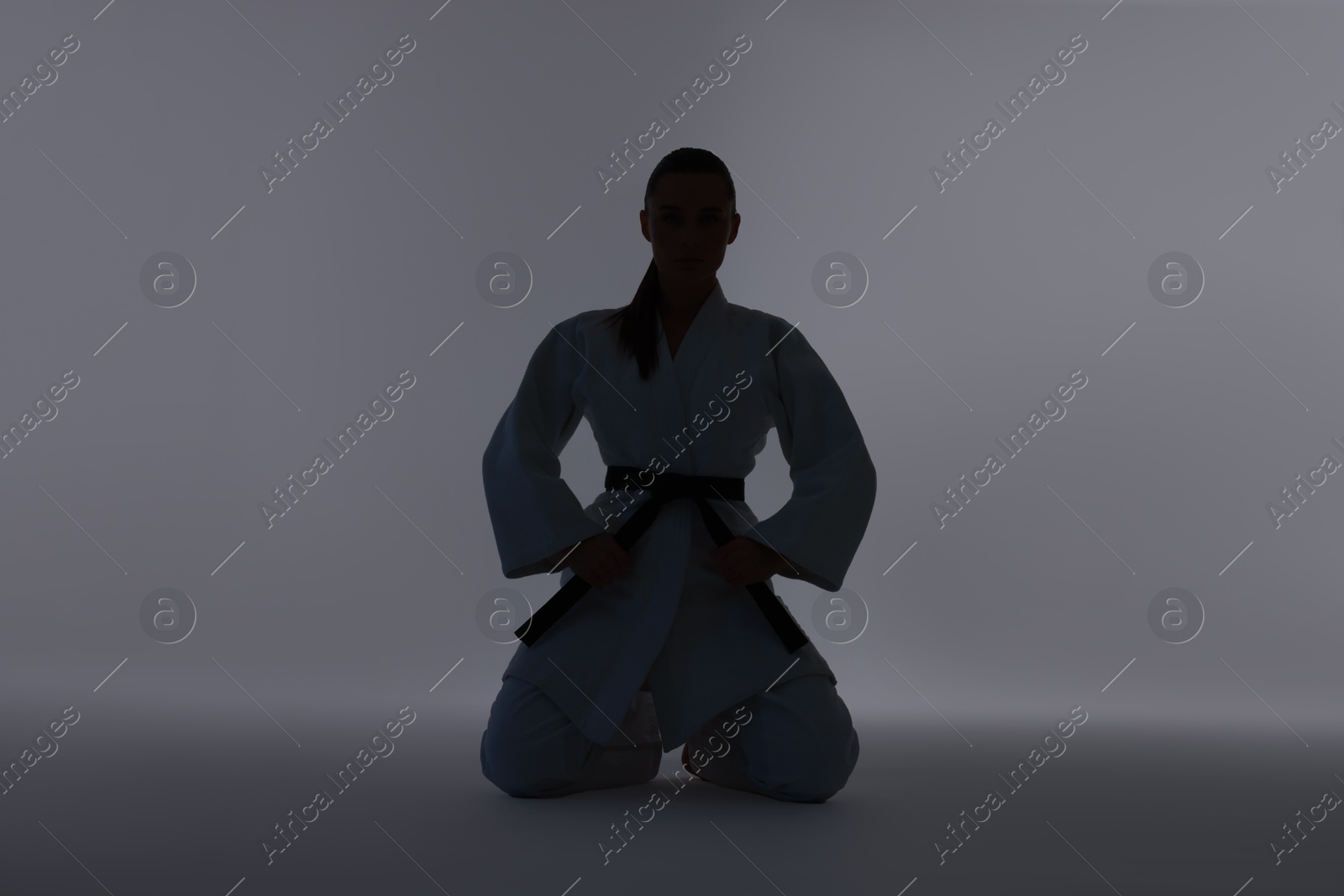 Photo of Silhouette of karate fighter in kimono on light background