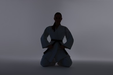 Photo of Silhouette of karate fighter in kimono on light background