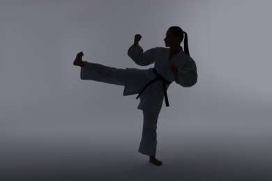 Photo of Silhouette of woman in kimono practicing karate on light background