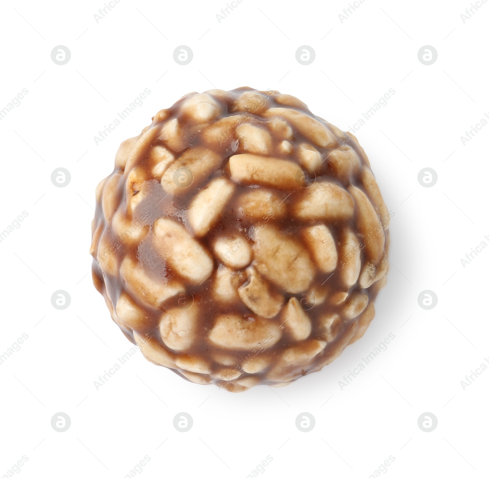 Photo of One chocolate puffed rice ball isolated on white, top view