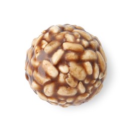 Photo of One chocolate puffed rice ball isolated on white, top view