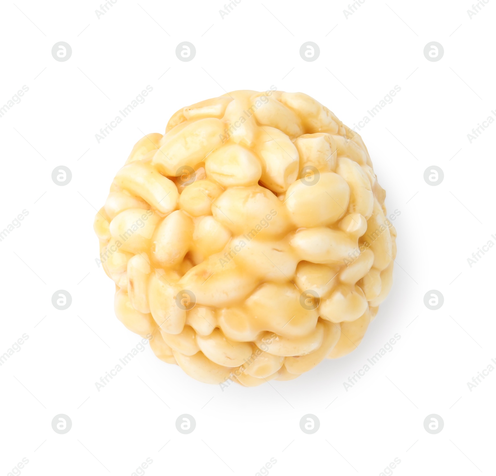 Photo of One delicious puffed rice ball isolated on white, top view