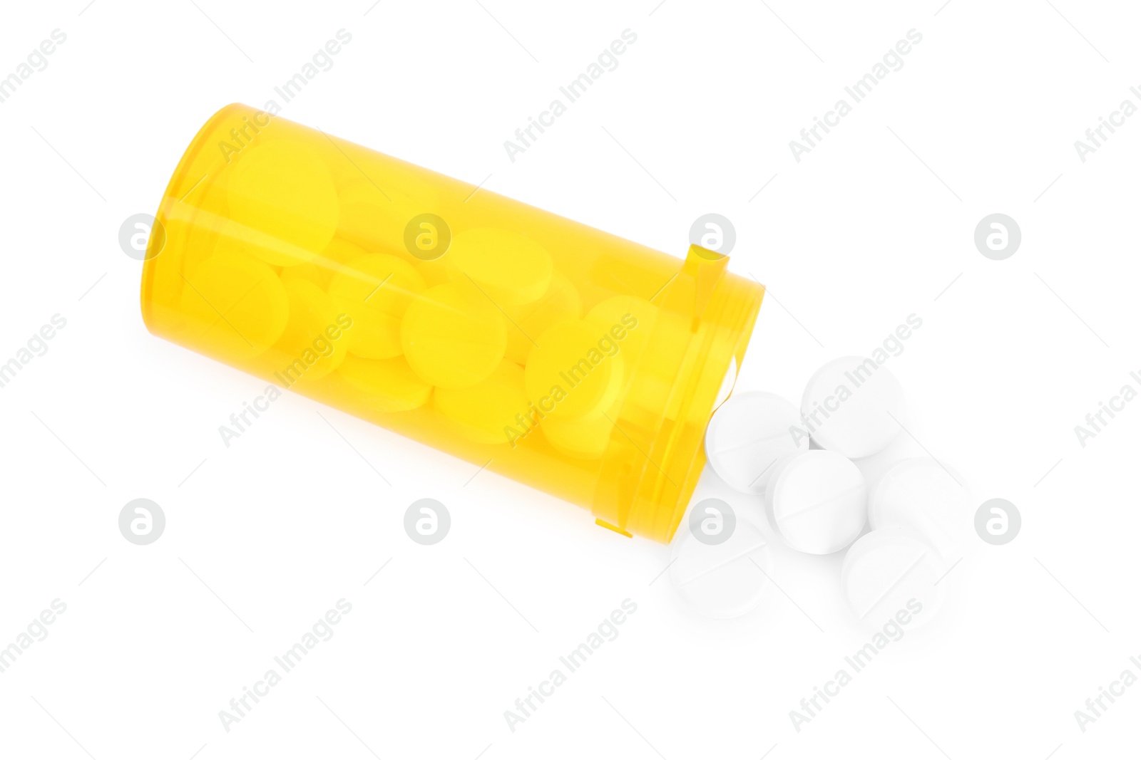 Photo of Antibiotic pills with medical jar isolated on white, top view