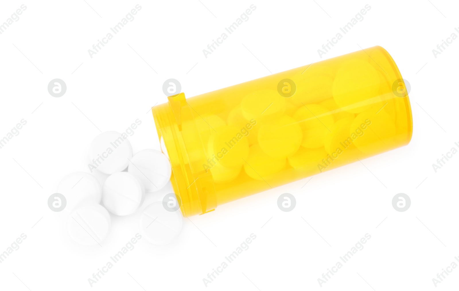 Photo of Antibiotic pills with medical jar isolated on white, top view