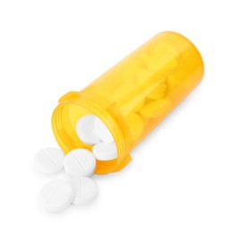 Photo of Antibiotic pills with medical bottle on white background