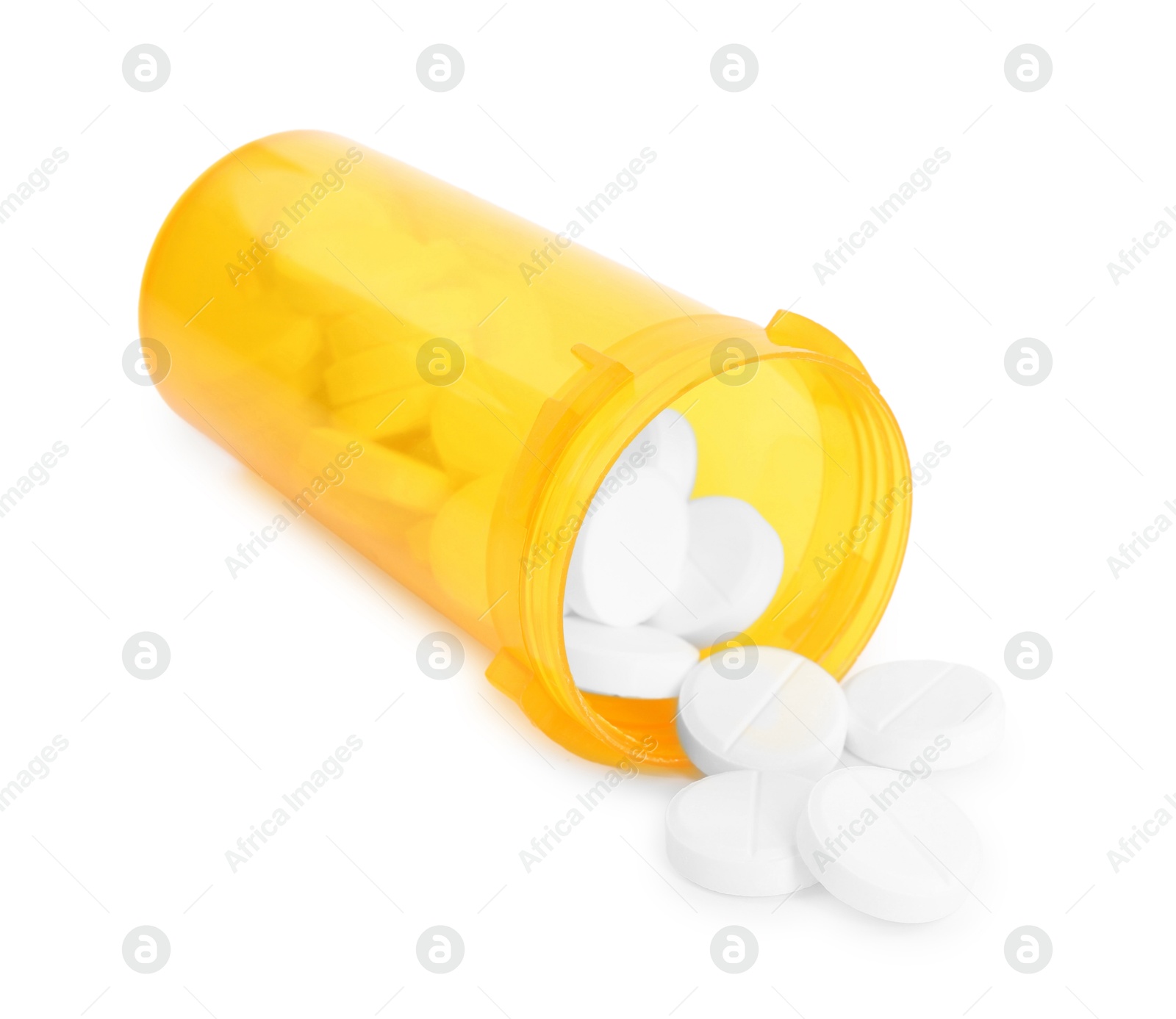 Photo of Antibiotic pills with medical bottle on white background