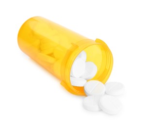 Photo of Antibiotic pills with medical bottle on white background