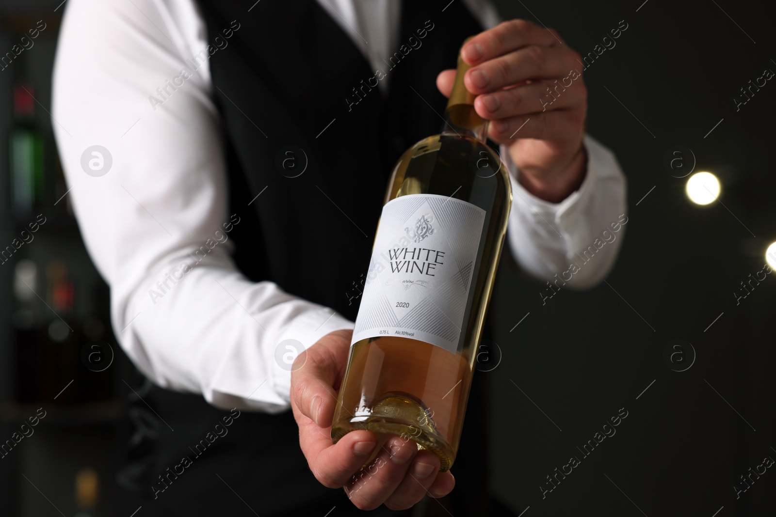 Photo of Professional sommelier holding bottle of white wine indoors, closeup