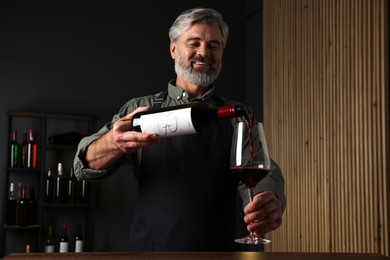 Professional sommelier pouring red wine into glass at wooden table indoors