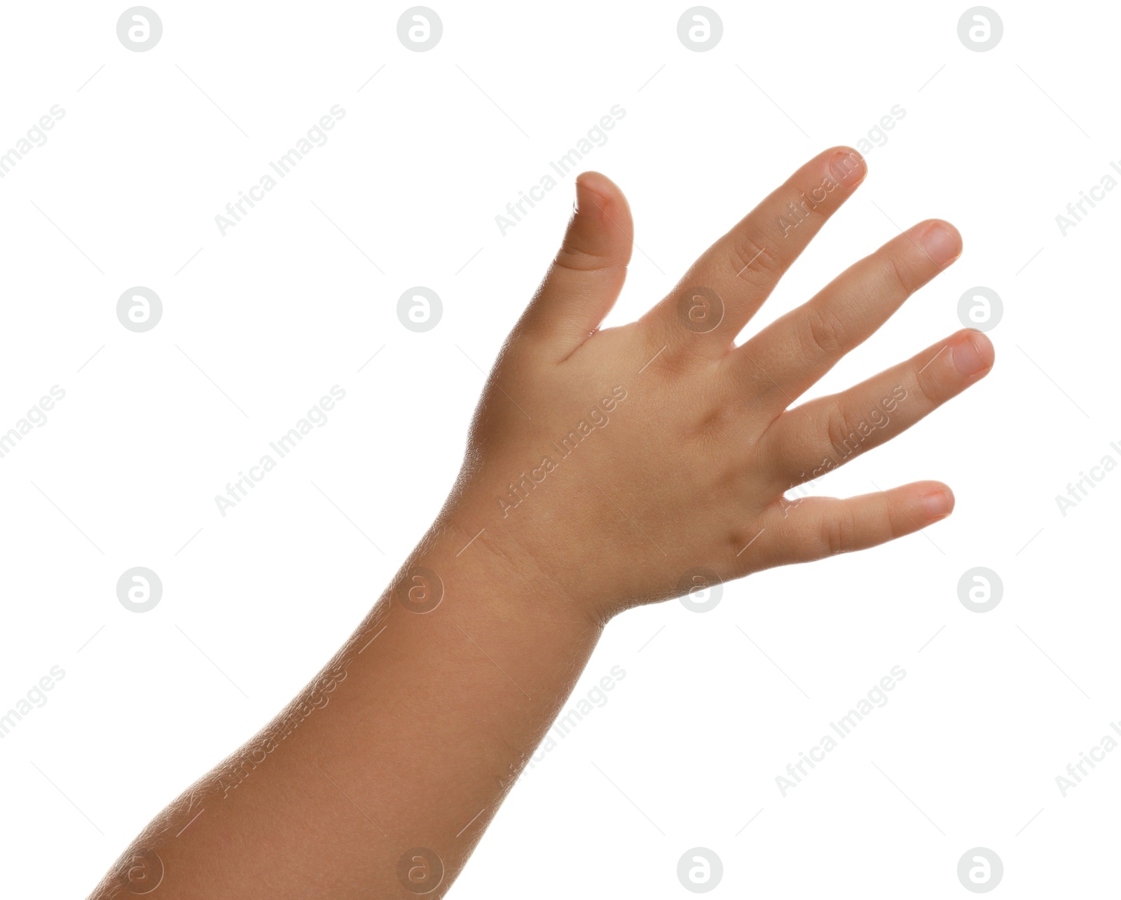 Photo of Little child on white background, closeup of hand