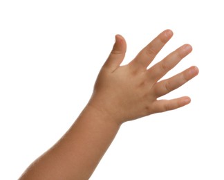 Little child on white background, closeup of hand