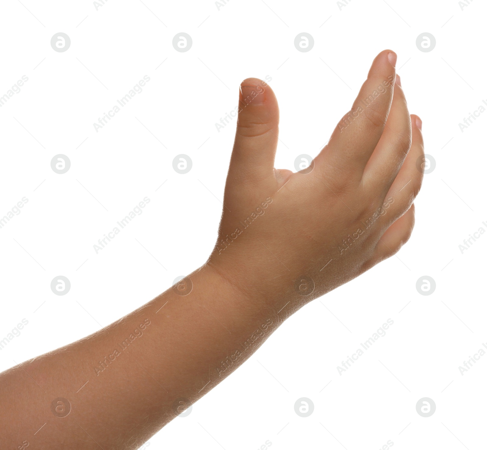 Photo of Little child on white background, closeup of hand