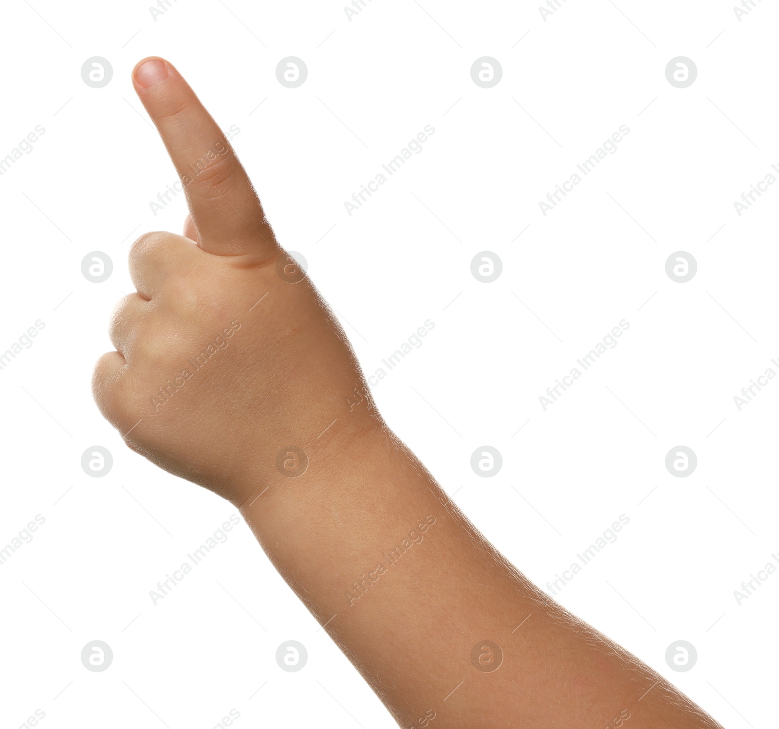 Photo of Little child pointing at something on white background, closeup of hand