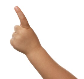 Little child pointing at something on white background, closeup of hand