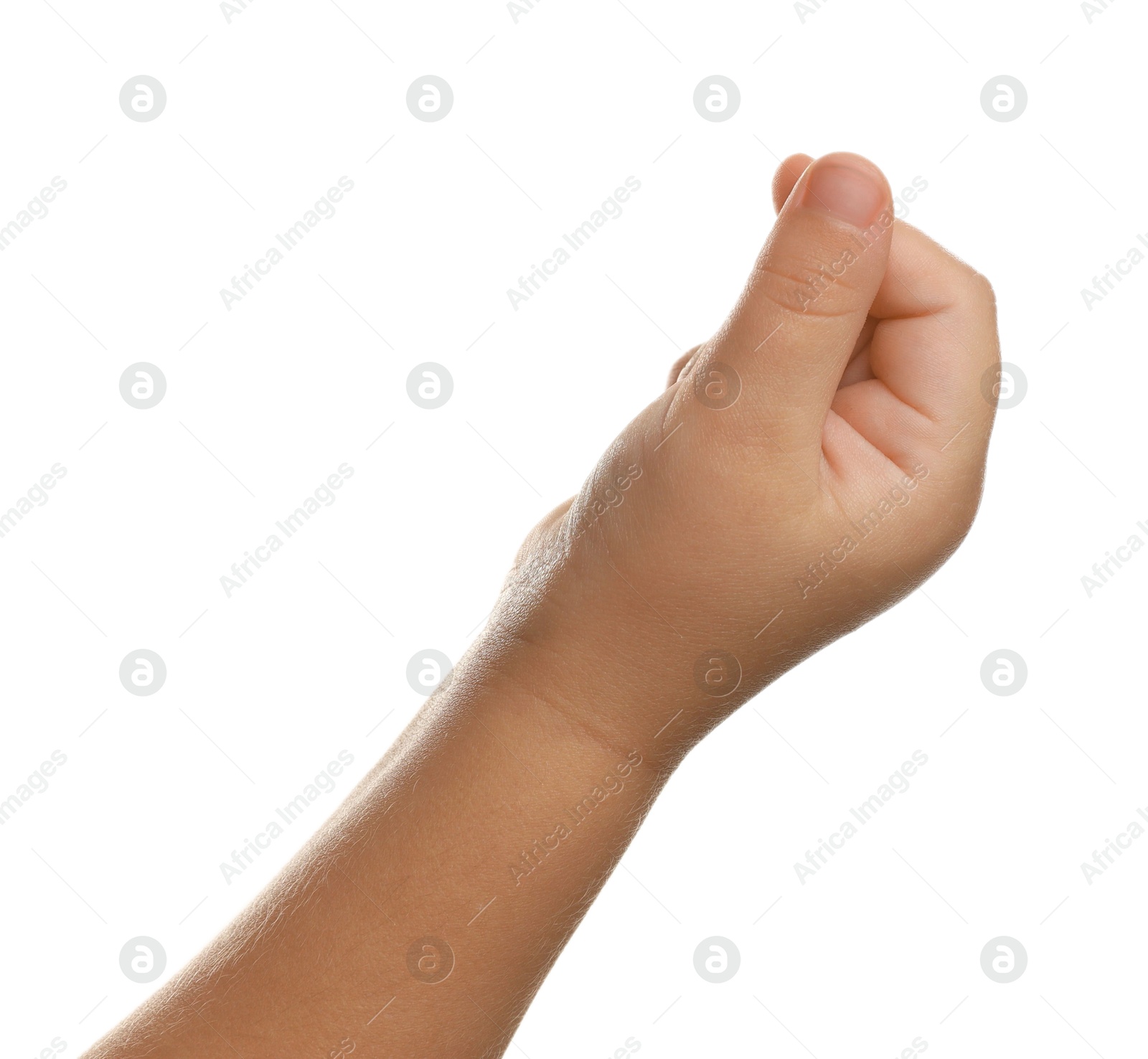 Photo of Little child on white background, closeup of hand