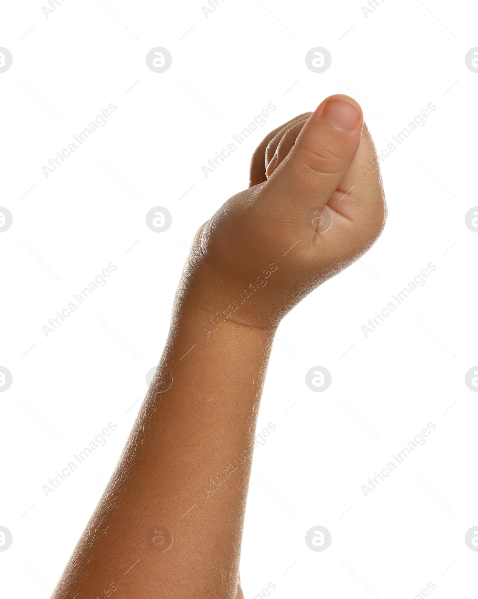 Photo of Little child on white background, closeup of hand