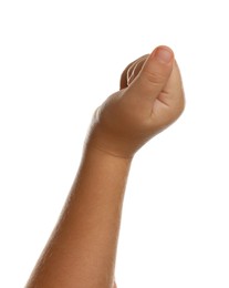 Photo of Little child on white background, closeup of hand