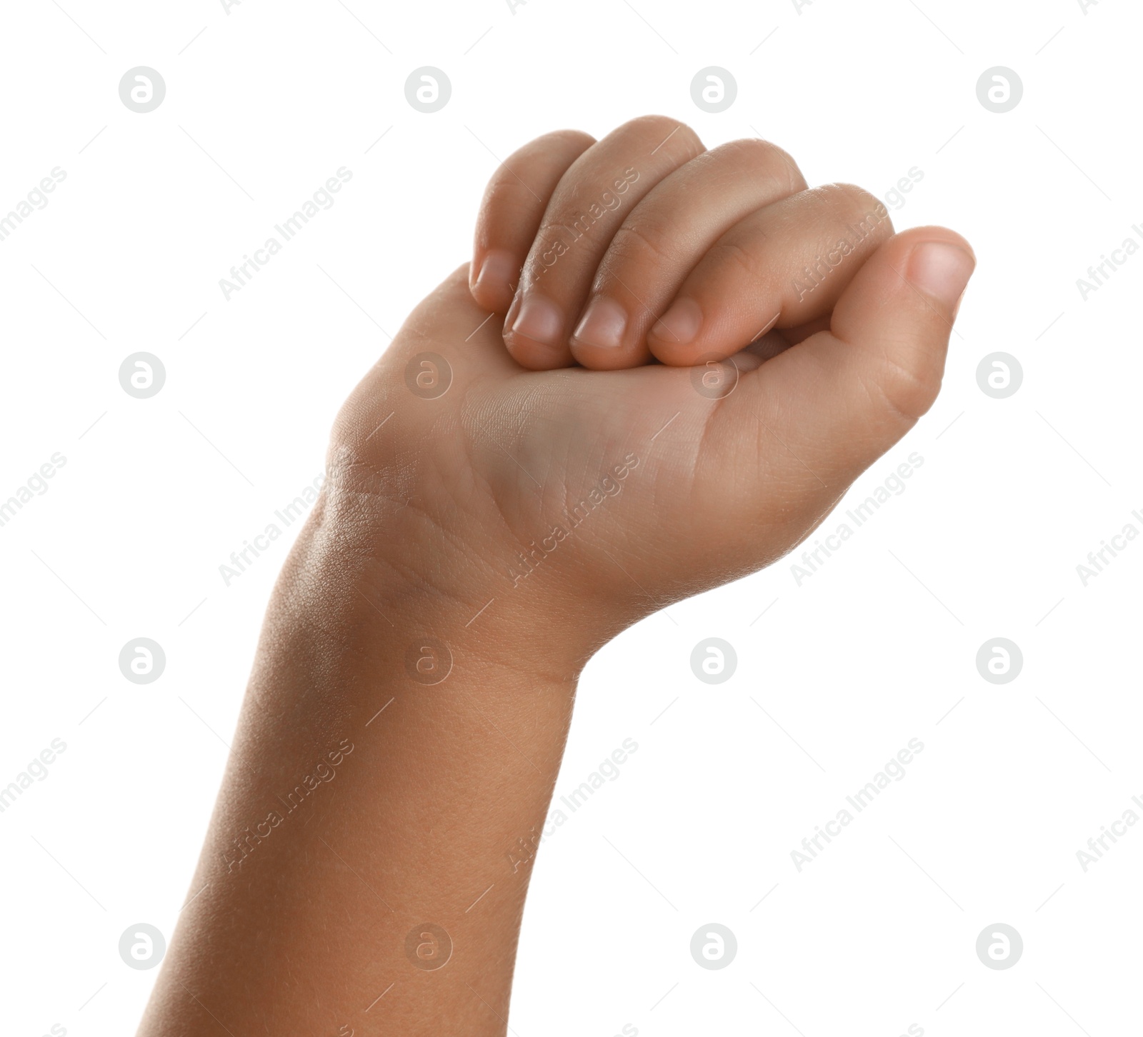 Photo of Little child on white background, closeup of hand