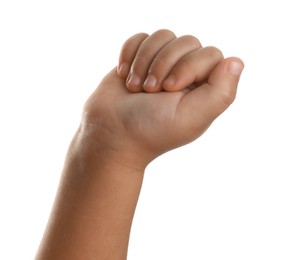 Photo of Little child on white background, closeup of hand