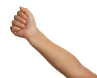 Photo of Little child on white background, closeup of hand