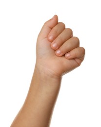 Photo of Little child on white background, closeup of hand