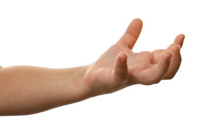 Photo of Little child on white background, closeup of hand