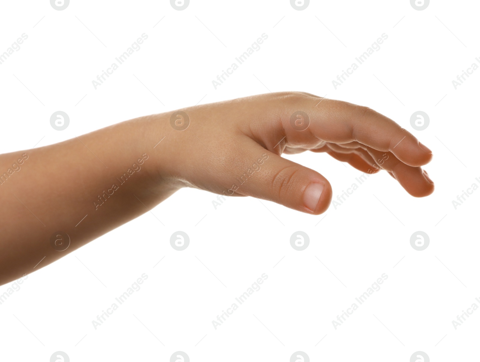 Photo of Little child on white background, closeup of hand