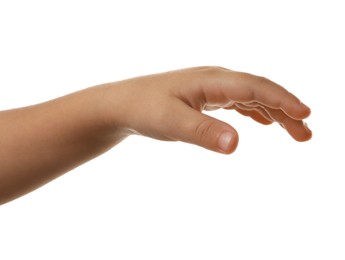 Little child on white background, closeup of hand