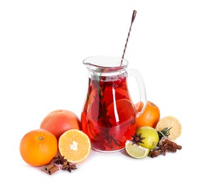 Photo of Delicious punch and ingredients isolated on white