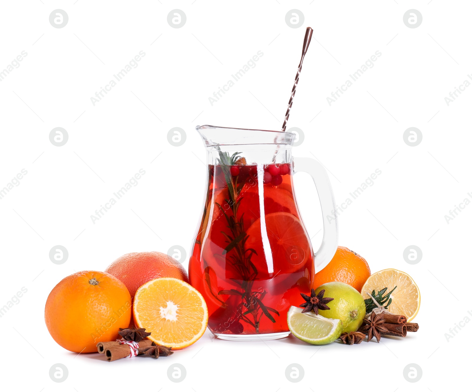 Photo of Delicious punch and ingredients isolated on white